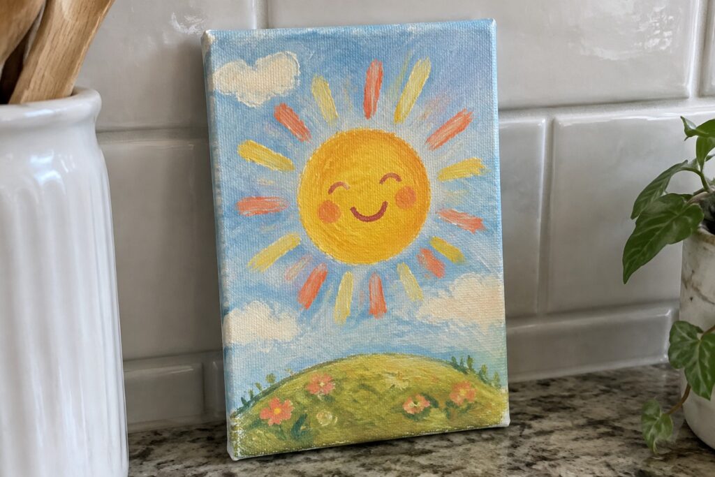 Colorful painting of smiling yellow sun with rays above flowery green hill on canvas