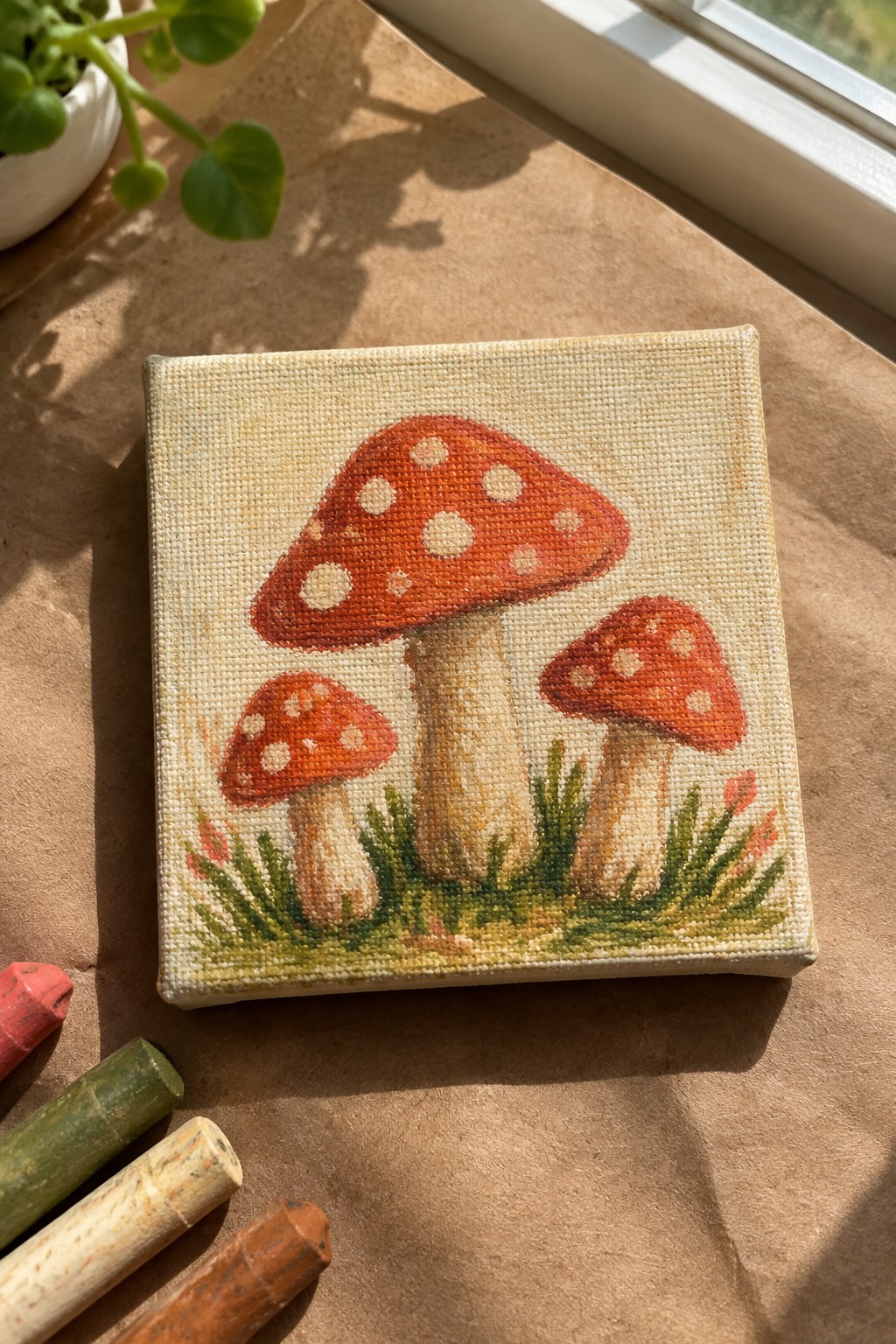 Miniature canvas painting of three red spotted mushrooms amid grass with oil pastels nearby