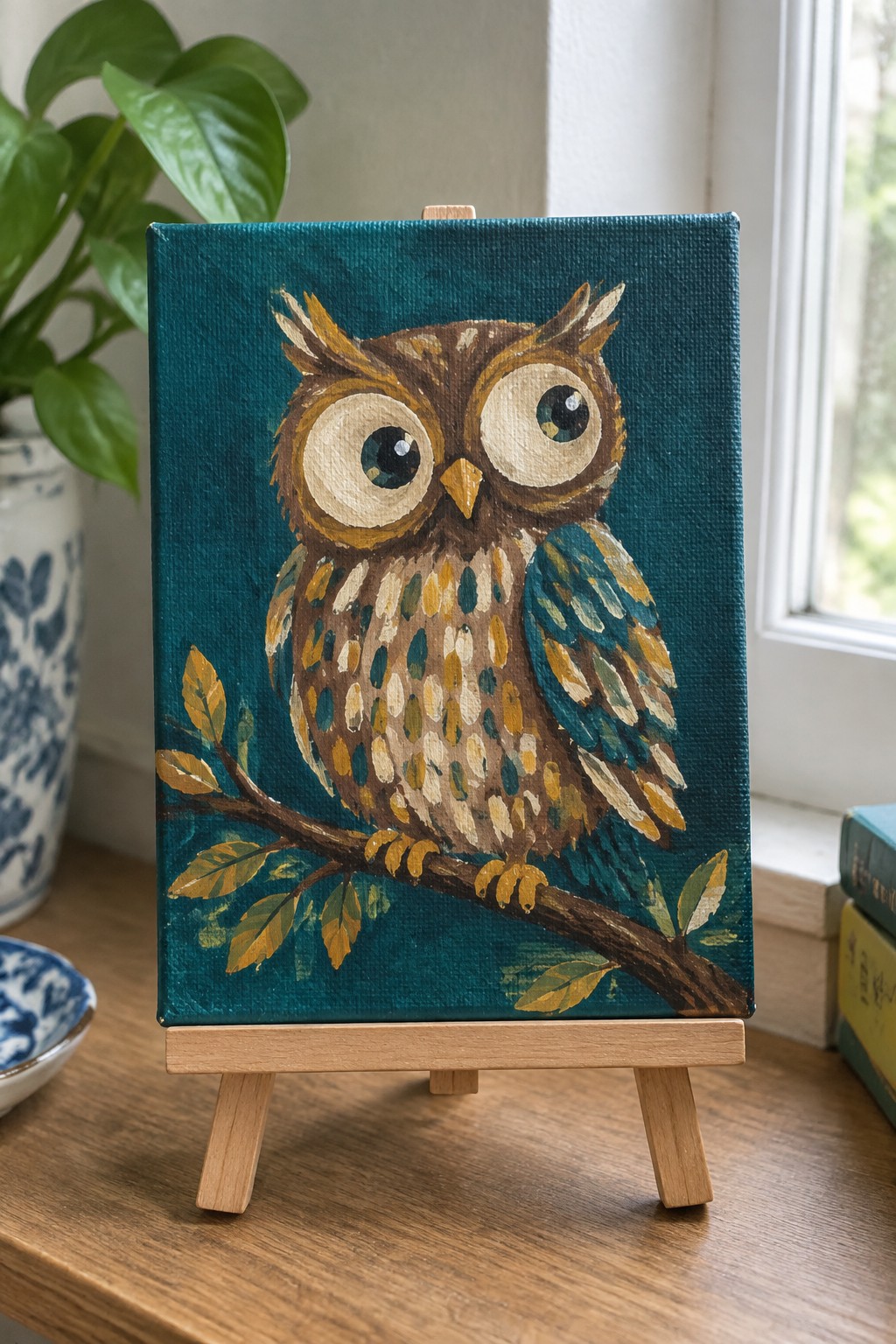 Owl with large eyes perched on branch painted on teal canvas on wooden easel