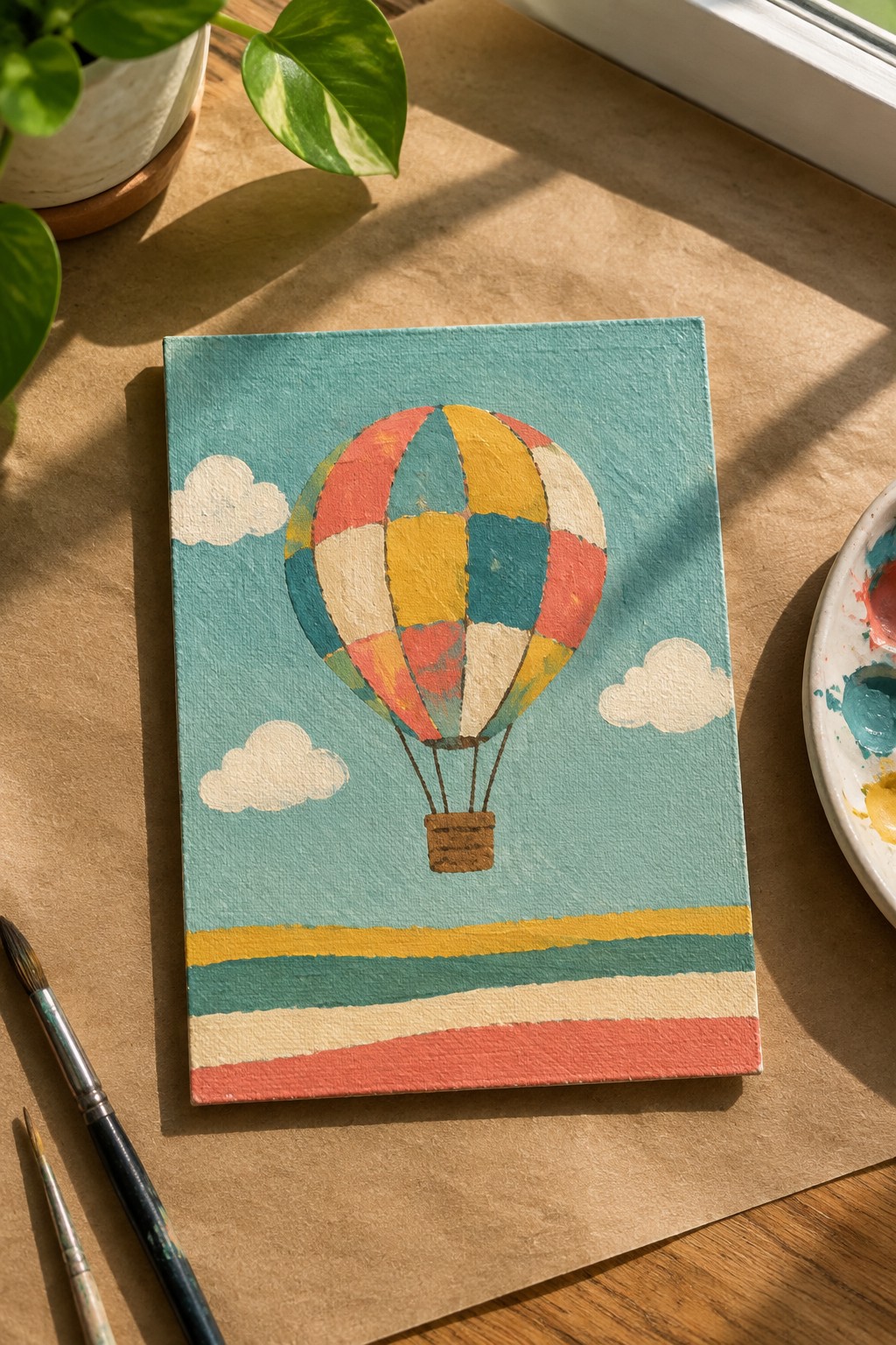 Colorful patchwork hot air balloon painting on canvas with brushes and palette nearby