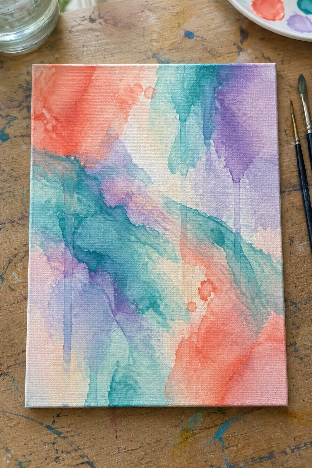 Abstract watercolor canvas with coral red, teal, purple washes on wooden table beside brushes.