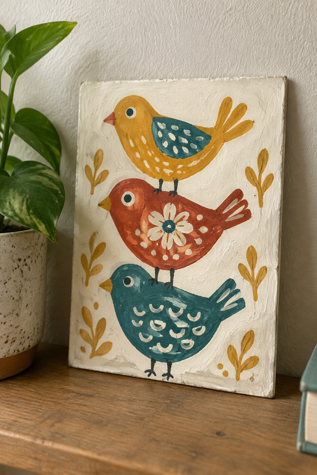 Three stacked folk-art birds in yellow, red, and teal with gold leaves on canvas