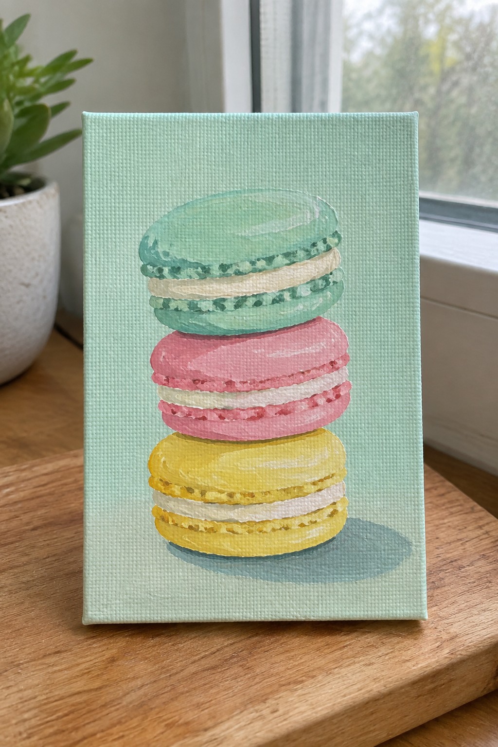 Pastel macarons in green, pink, and yellow stacked on mint canvas