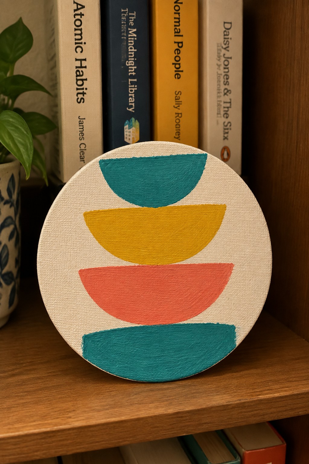 Round canvas with teal, yellow, and coral semi-circles on wooden bookshelf