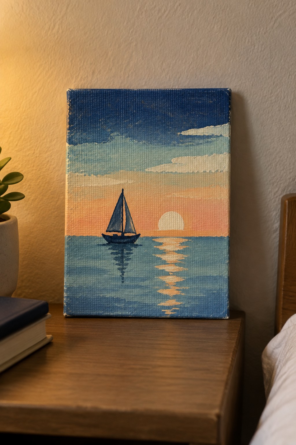 Sailboat sunset painting on wooden table beside books and potted plant
