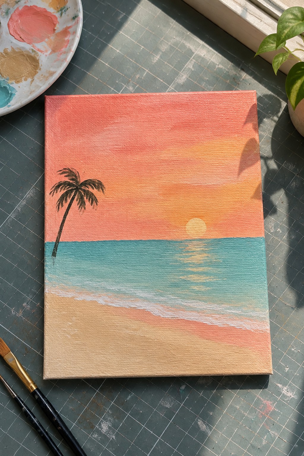 Acrylic canvas painting of tropical sunset with palm tree over turquoise ocean and beach
