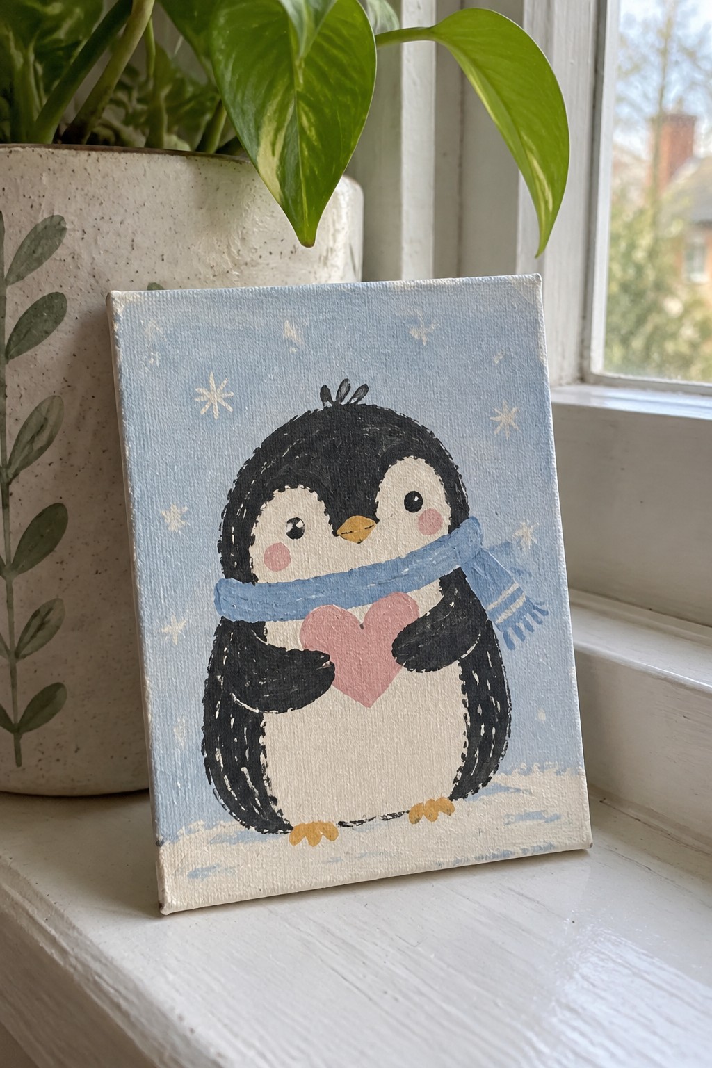 Mini canvas painting of a penguin holding a pink heart and wearing a blue scarf on a light blue background with snowflakes and snow.