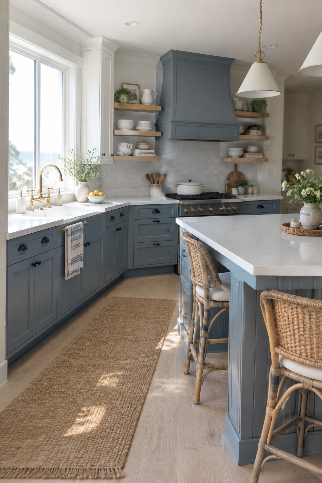 Blue-gray cabinets and island base in a coastal kitchen with white marble counters.
