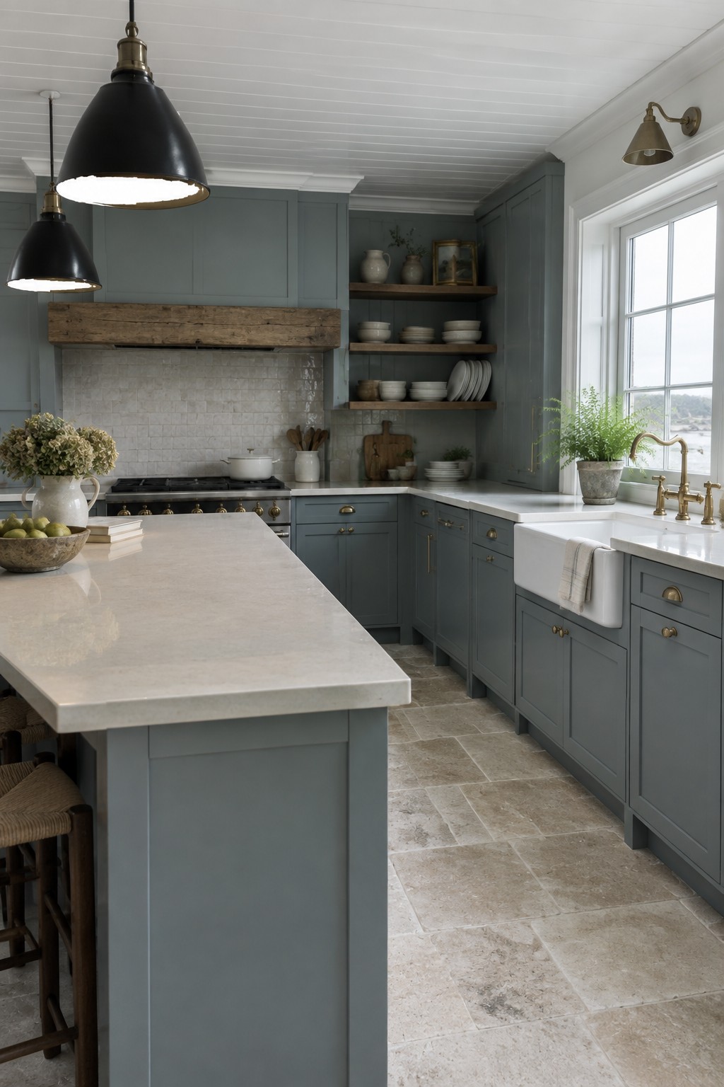 Blue-gray kitchen cabinets, white marble island, farmhouse sink, and open shelves