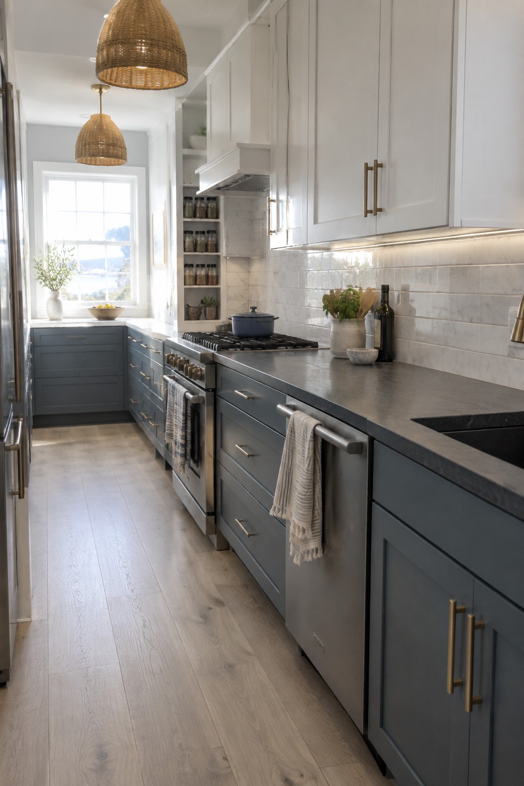 Blue-gray kitchen cabinets paired with white marble backsplash and dark countertops.