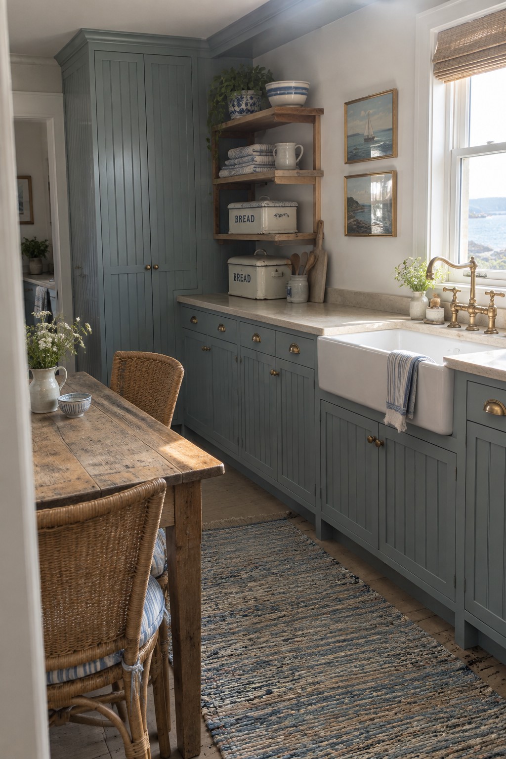 Coastal kitchen with sage cabinets, white farmhouse sink, wooden table, and woven chairs.