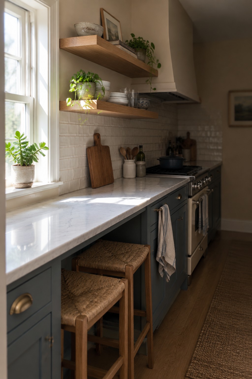 Sunlit kitchen with marble counter, blue cabinets, woven stools, and wooden shelves.