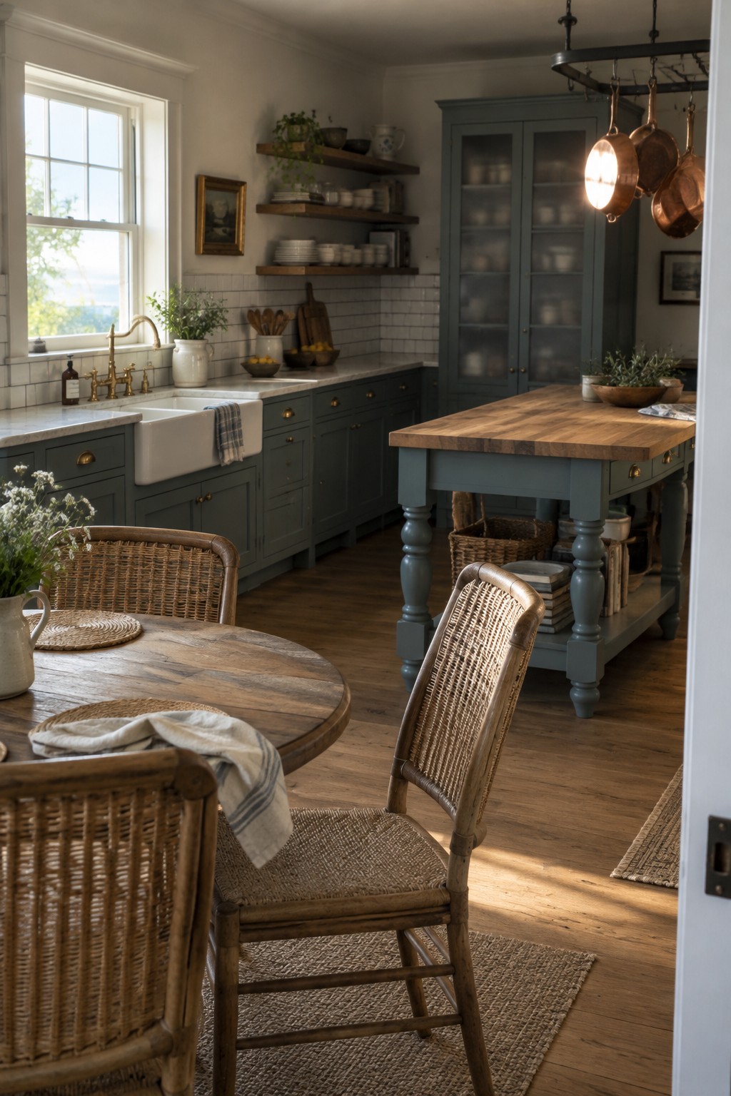 Rustic kitchen with green cabinets, wooden island, woven chairs, and copper pots.