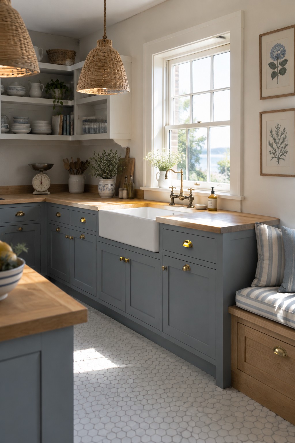 A coastal kitchen with blue-gray cabinets and light wood countertops.