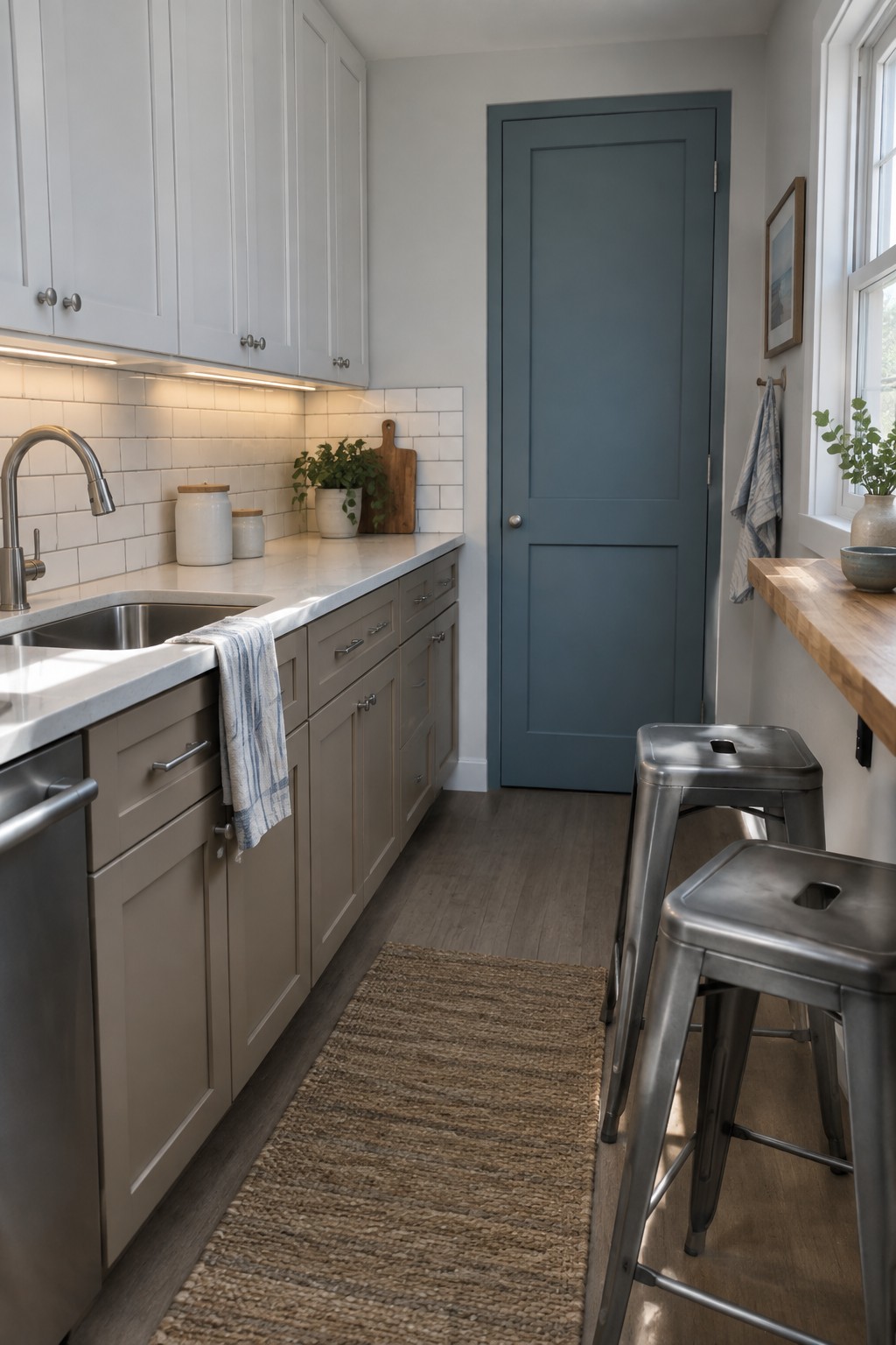 A muted blue-gray door at the end of a galley kitchen with white tile and gray cabinets.