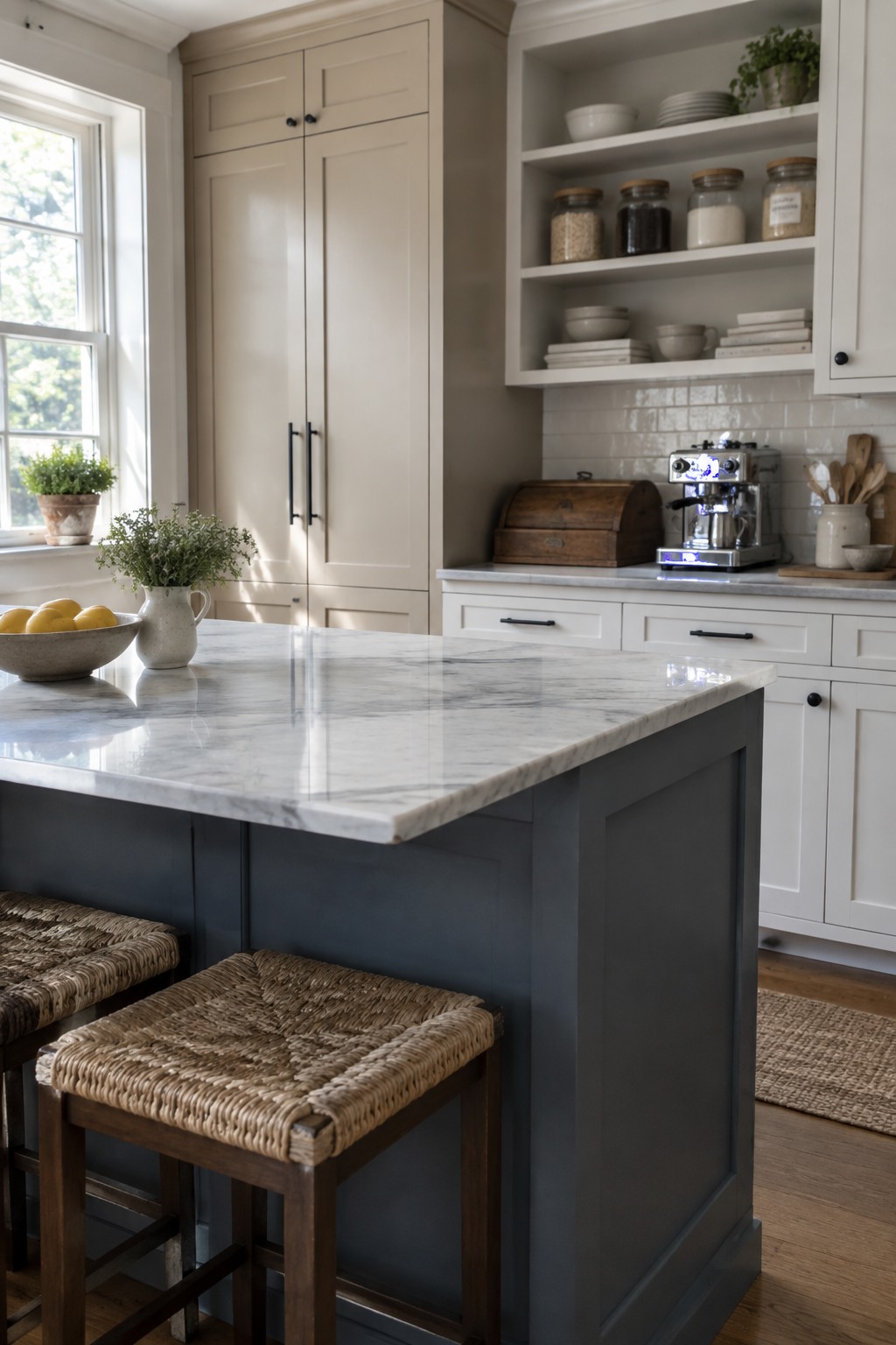 A blue-gray painted kitchen island with a white marble countertop and woven stools.