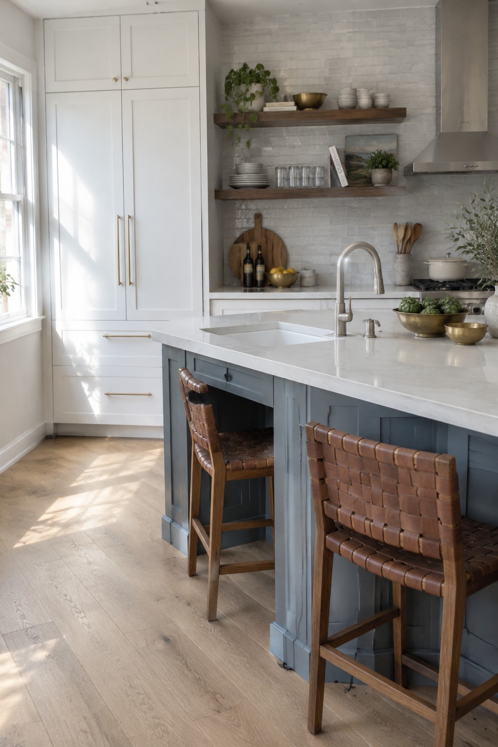 Bright kitchen with blue island, marble counters, and woven leather bar stools