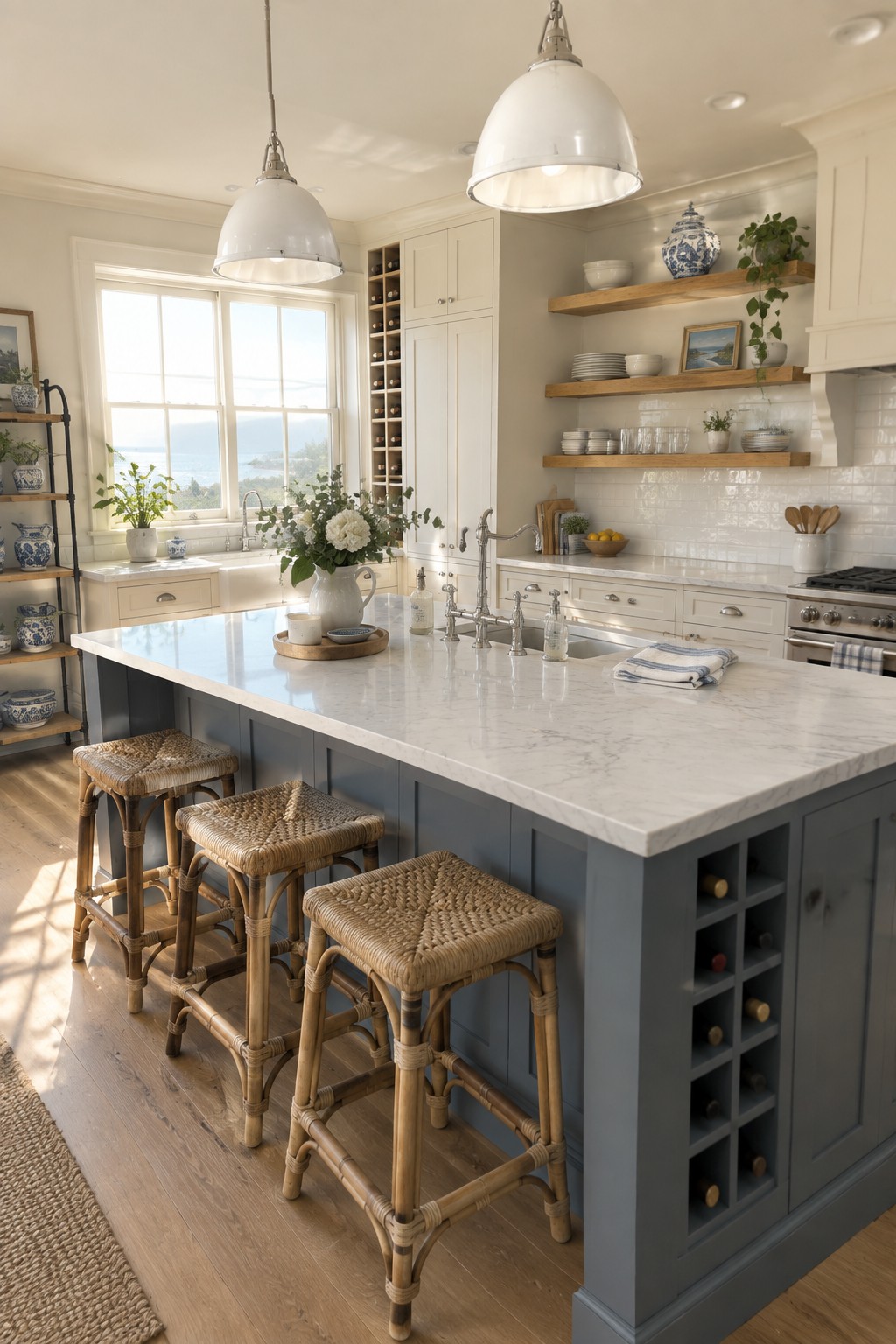 A blue-gray painted kitchen island with a white marble top in a bright coastal kitchen.