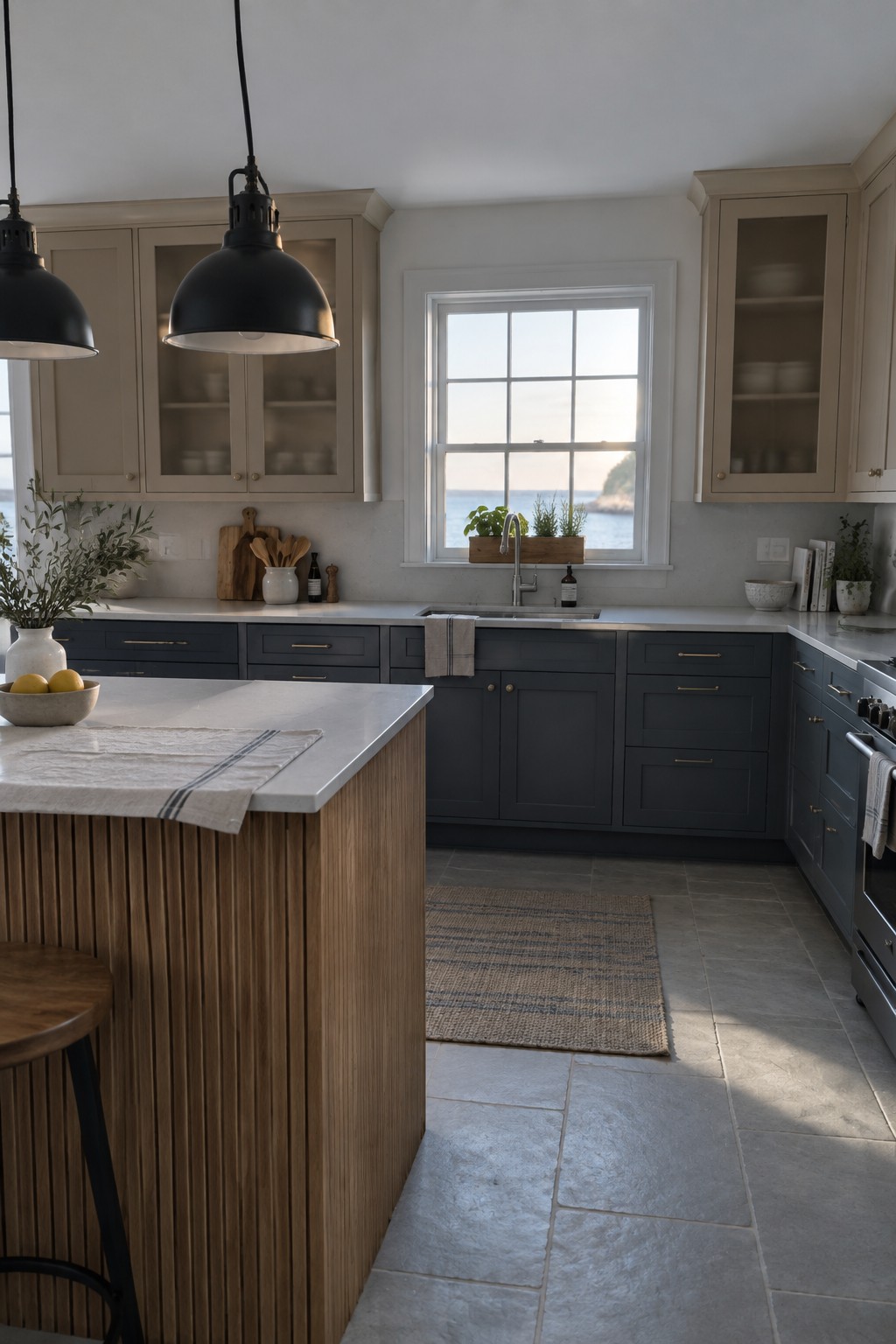 Modern coastal kitchen with navy cabinets, wooden island, and ocean view window.