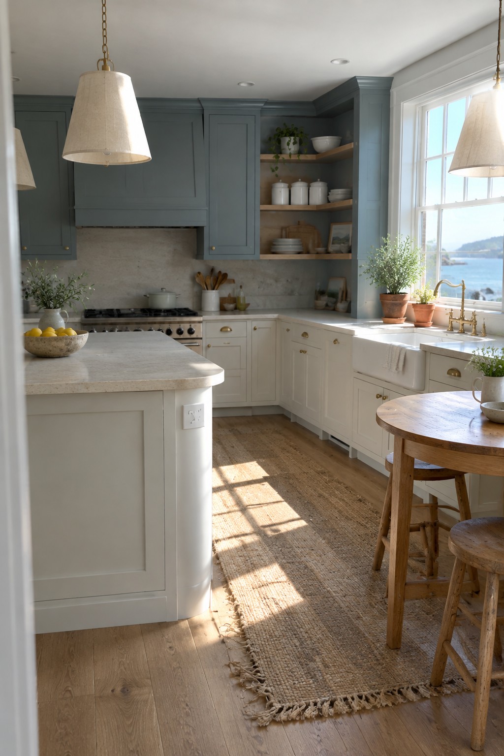 Blue-gray upper cabinets paired with white lower cabinets in a coastal kitchen.
