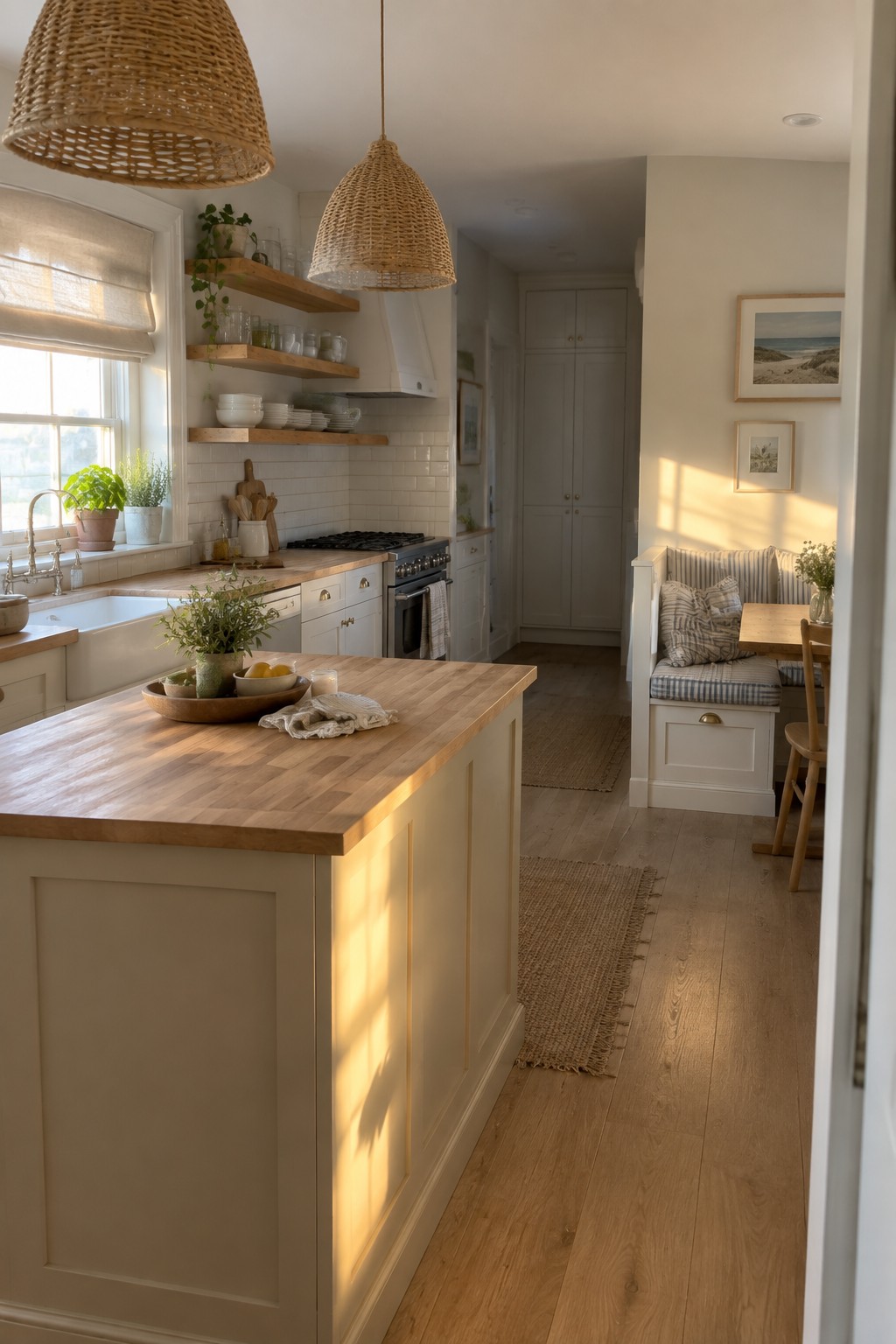 Soft warm white kitchen cabinets paired with wood counters in a bright coastal-style space.