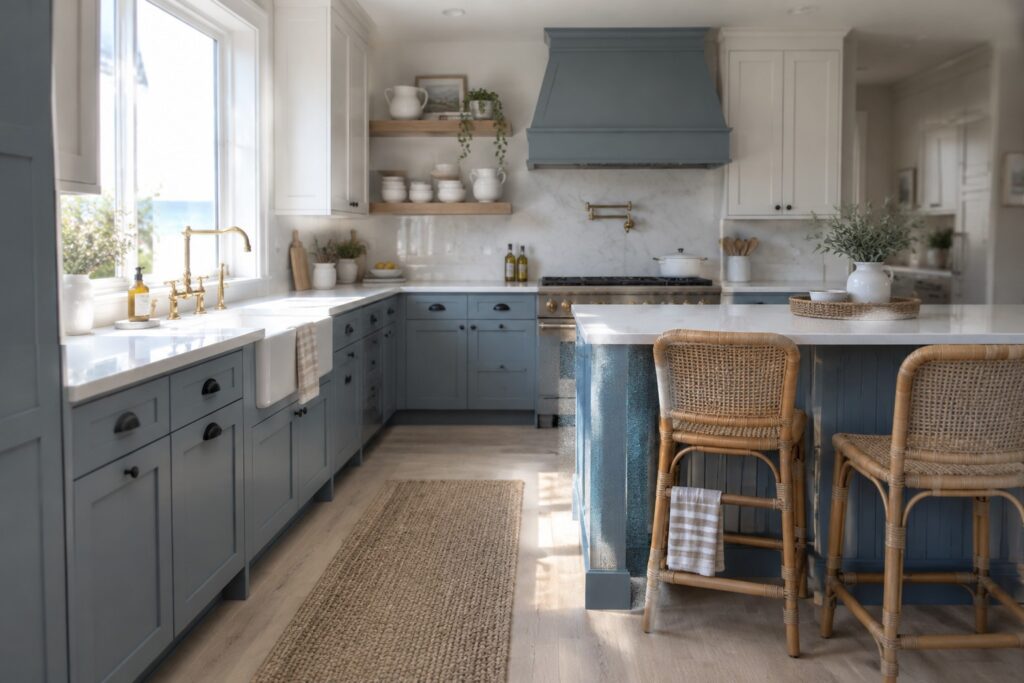 25 Relaxed Coastal Kitchen Paint Colors Featuring Blue-Gray, Soft White, and Sandy Neutrals Blue-gray cabinets and island base in a coastal kitchen with white marble counters.