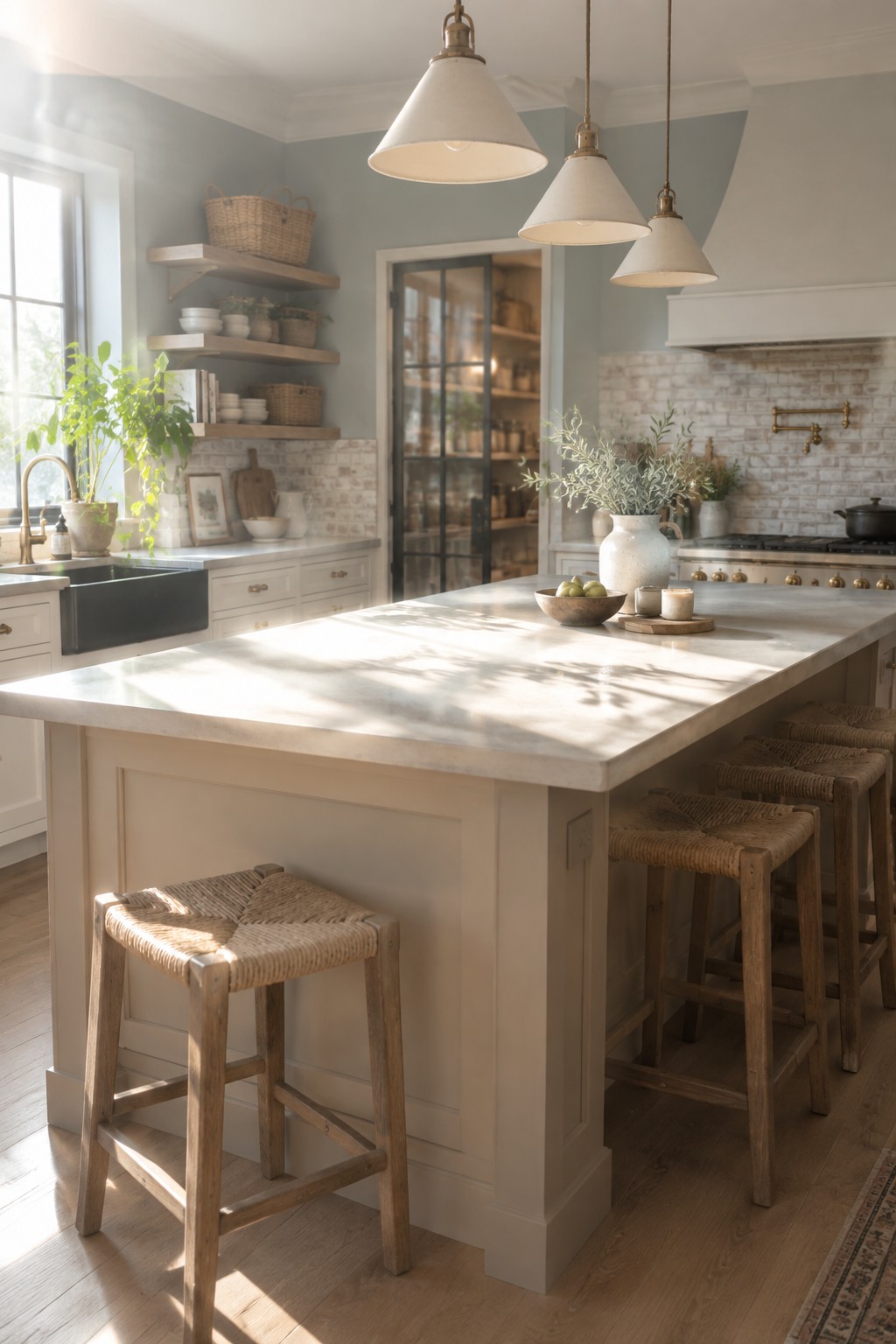 Coastal kitchen with soft white walls and matching island base.