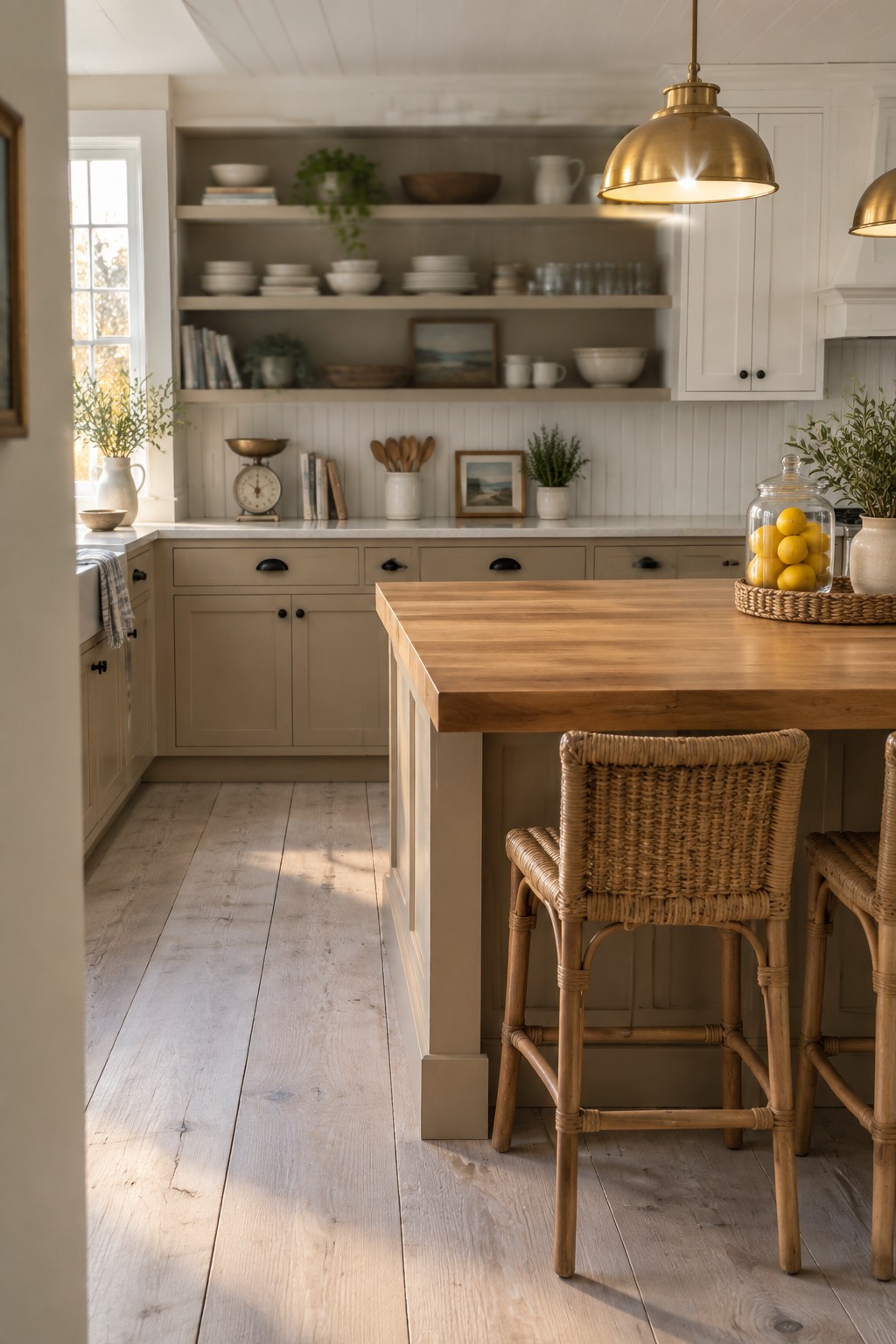 Sandy neutral cabinets in a coastal kitchen with wood island and open shelving.