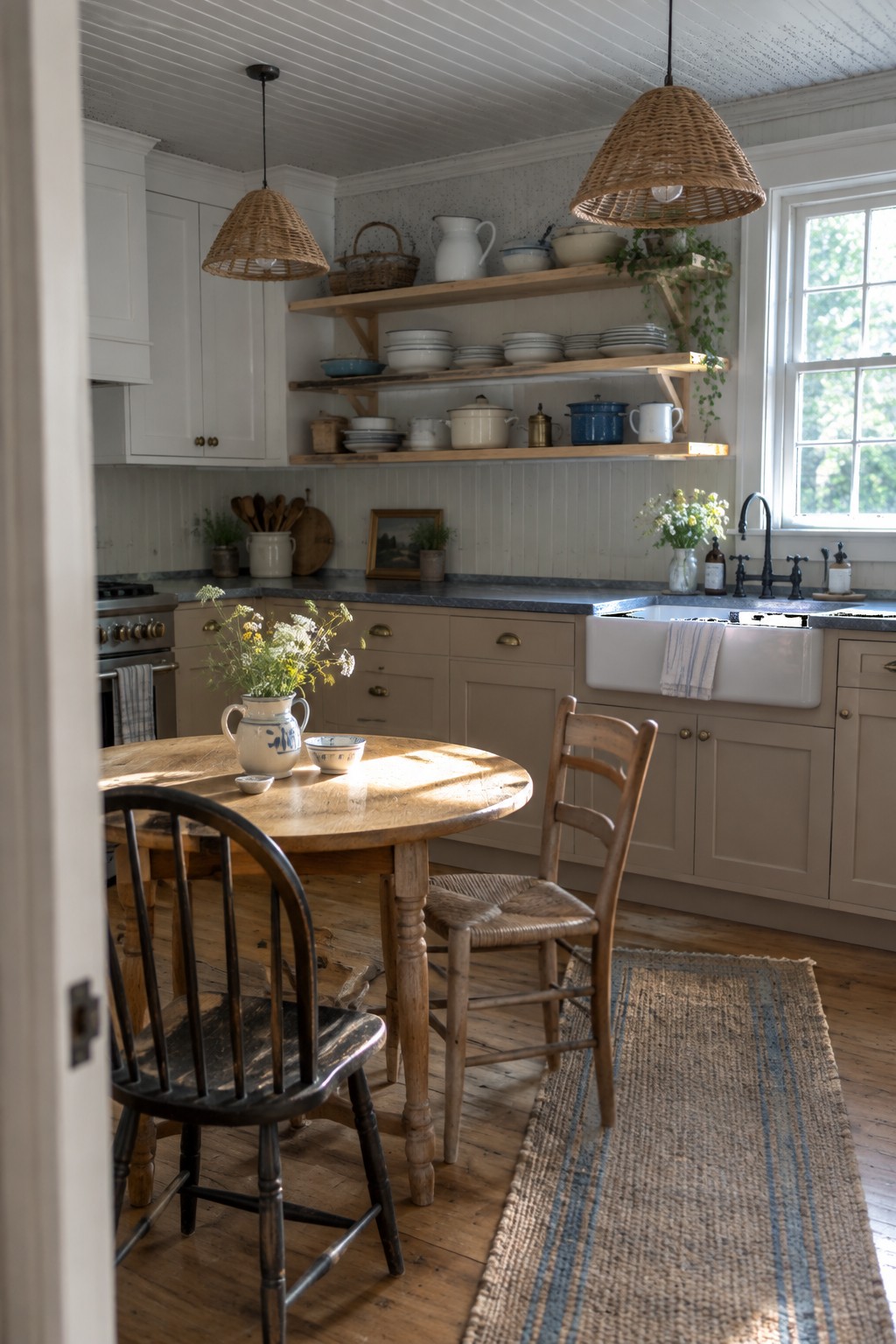 Lower kitchen cabinets painted in a soft sandy neutral.