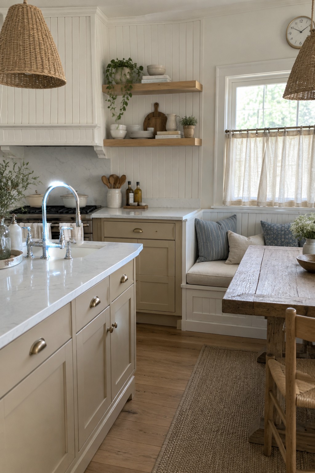 Light sandy neutral cabinets in a coastal kitchen with white marble counters and wood flooring.