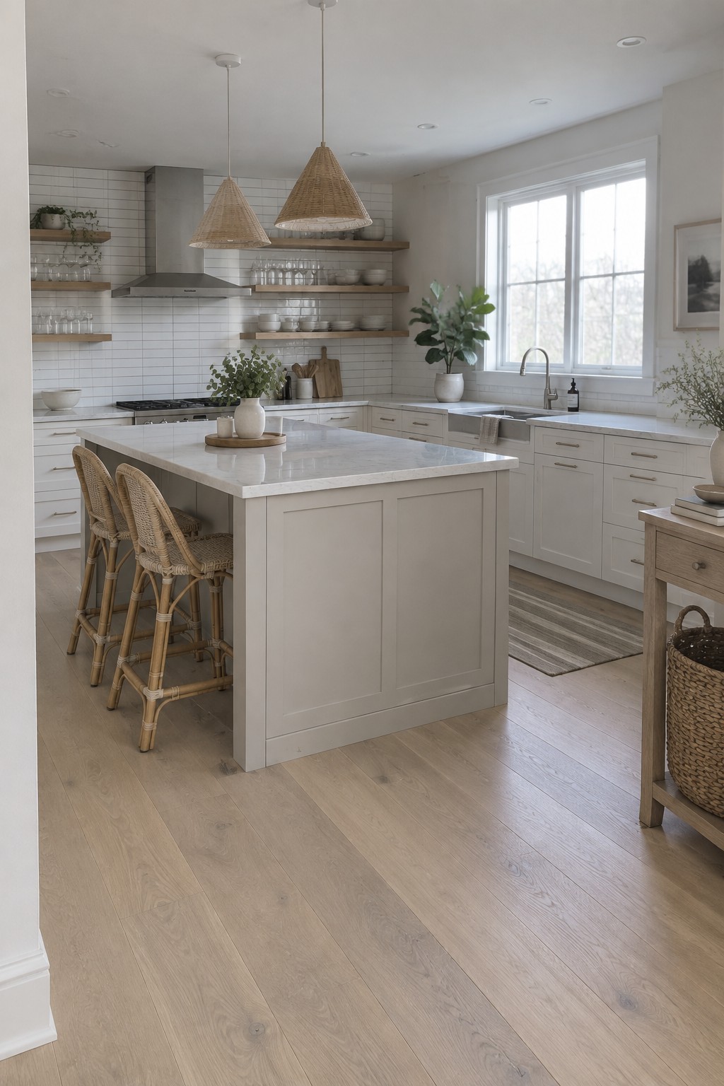 Light sandy neutral paint on kitchen island and cabinetry with marble counters.