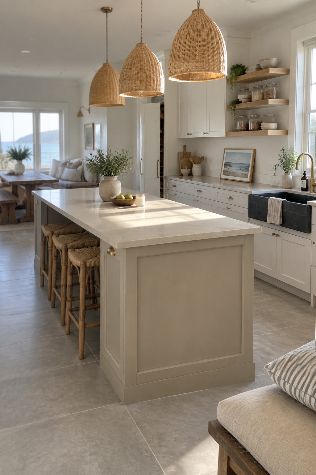 A kitchen island and lower cabinets painted in a soft sandy neutral with white marble counters.