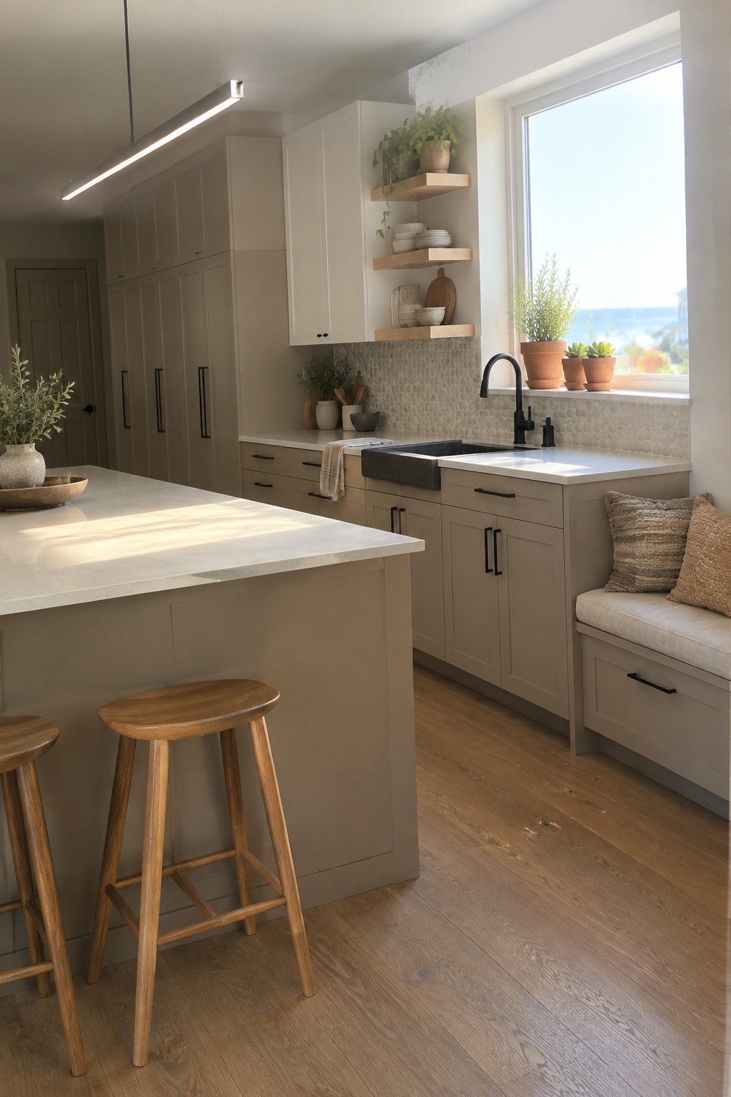 A coastal kitchen with sandy neutral cabinets, white counters, and wood stools.