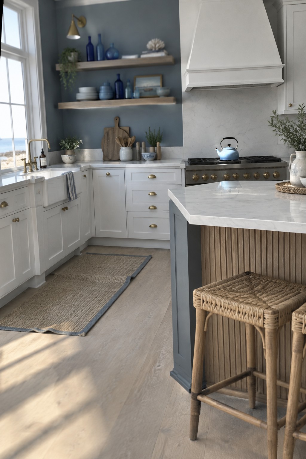 Soft blue-gray walls in a coastal kitchen with white cabinets and wooden open shelves.