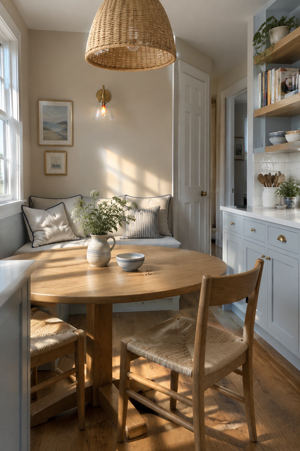 Light sandy neutral walls in a coastal kitchen with a round wood table and blue-gray cabinetry.