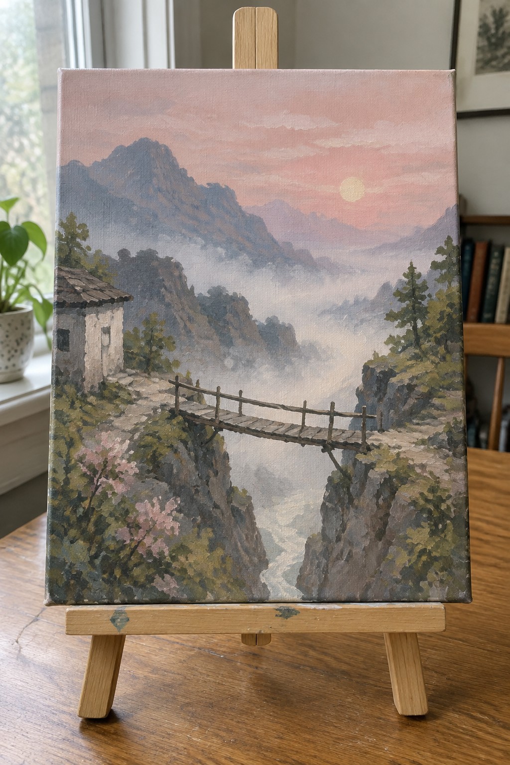 Painting on easel shows misty mountains, wooden bridge, and pink sunset sky.