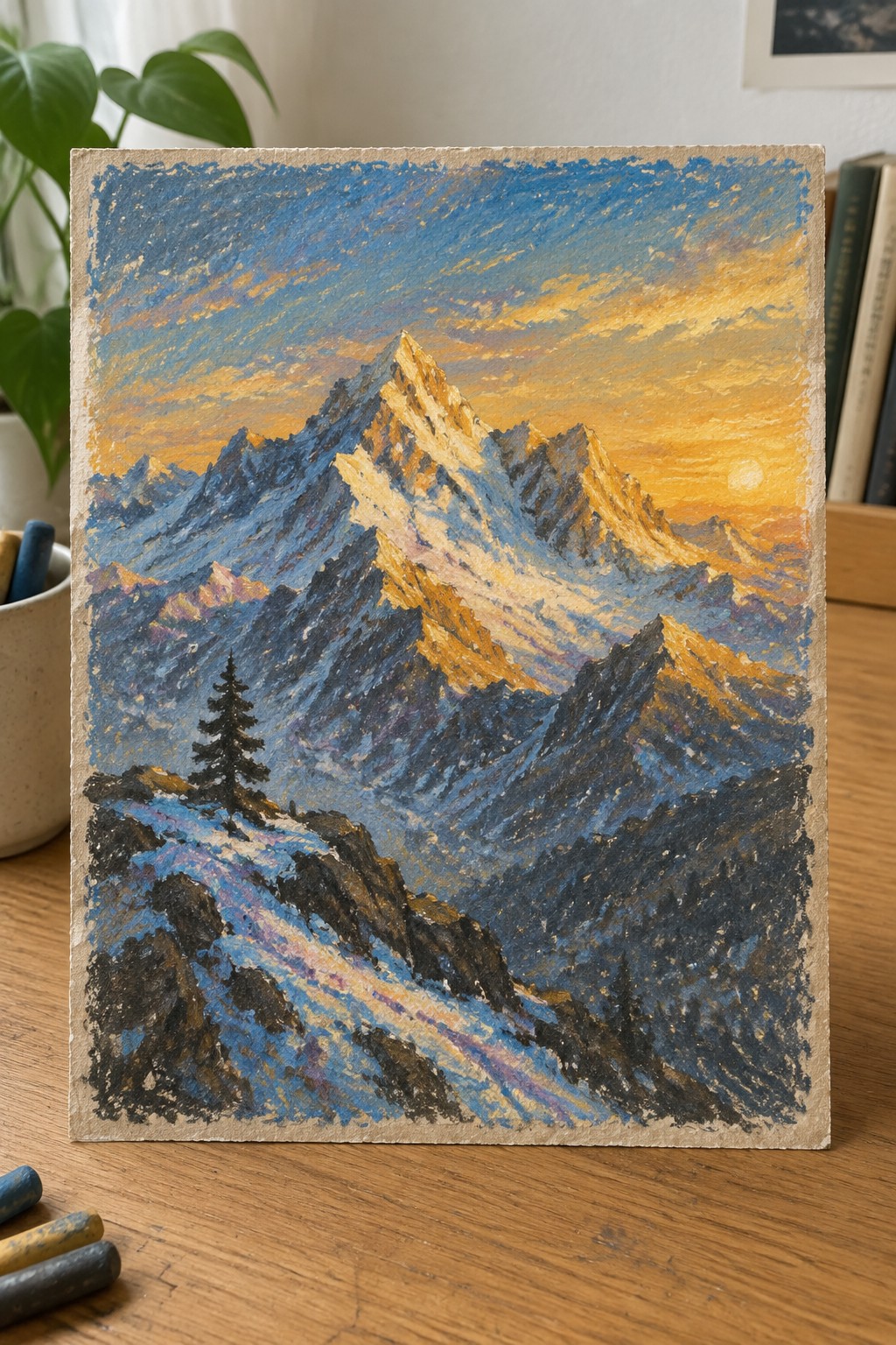 Colorful pastel painting of jagged snowy mountains at vibrant sunset with lone pine