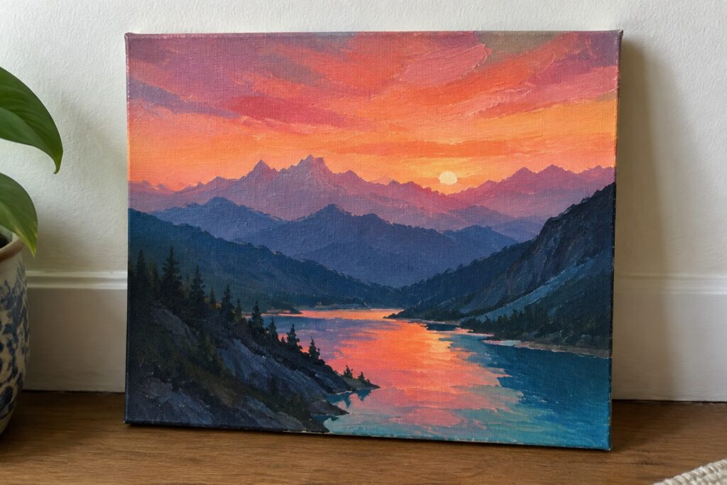 Vibrant sunset painting of mountains reflected in river with pine trees on canvas