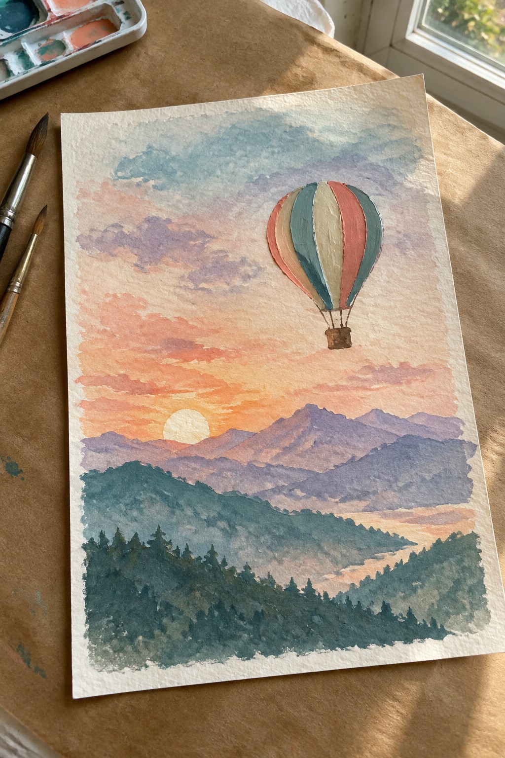 Watercolor painting of colorful hot air balloon over sunset mountain landscape with palette nearby