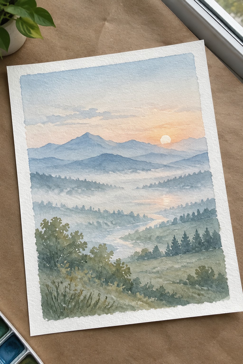 Layered blue mountains in soft watercolor with misty valley and glowing sunrise