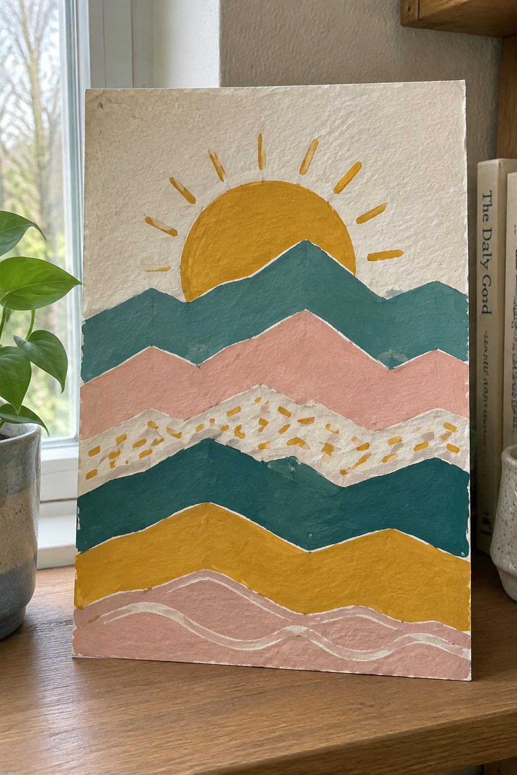 Textured abstract landscape painting with yellow sun over layered teal pink mountains