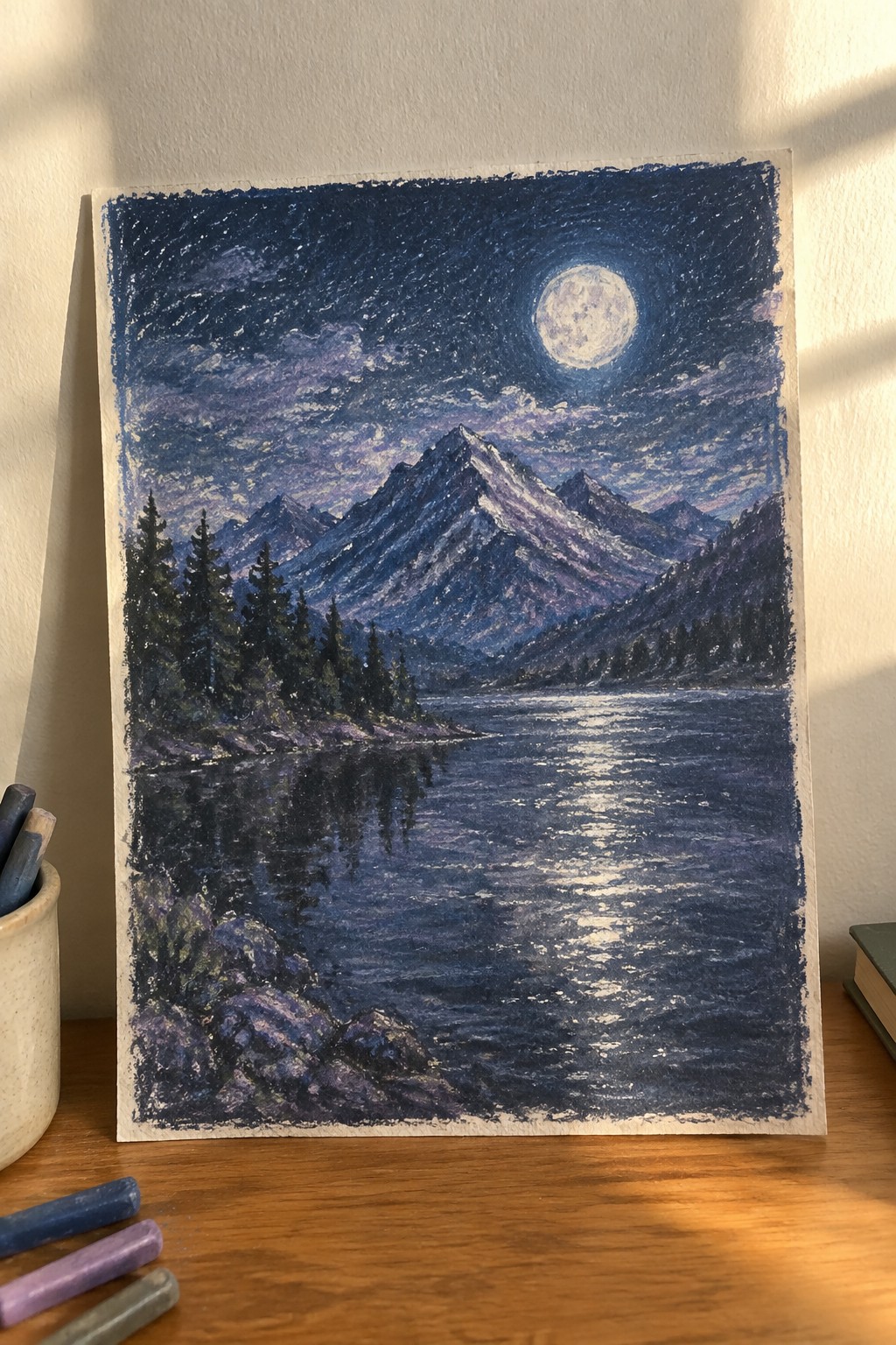 Pastel drawing of full moon over mountains reflected in dark lake with pine trees