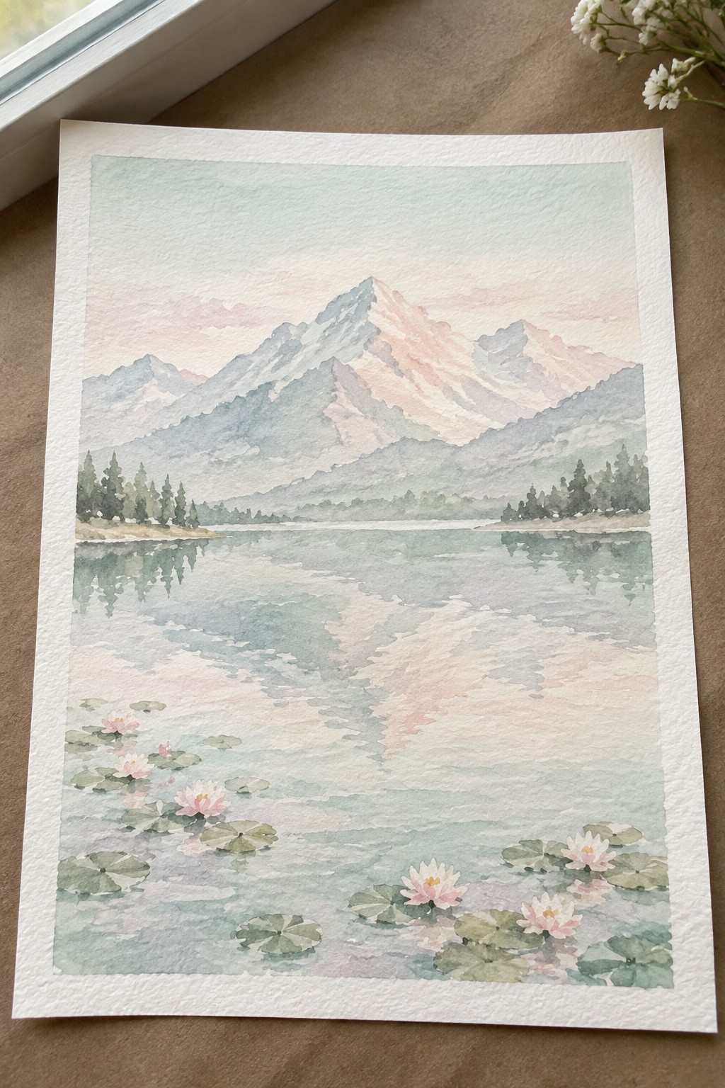 Watercolor landscape of pink-tinged mountains reflected in a lake dotted with water lilies.