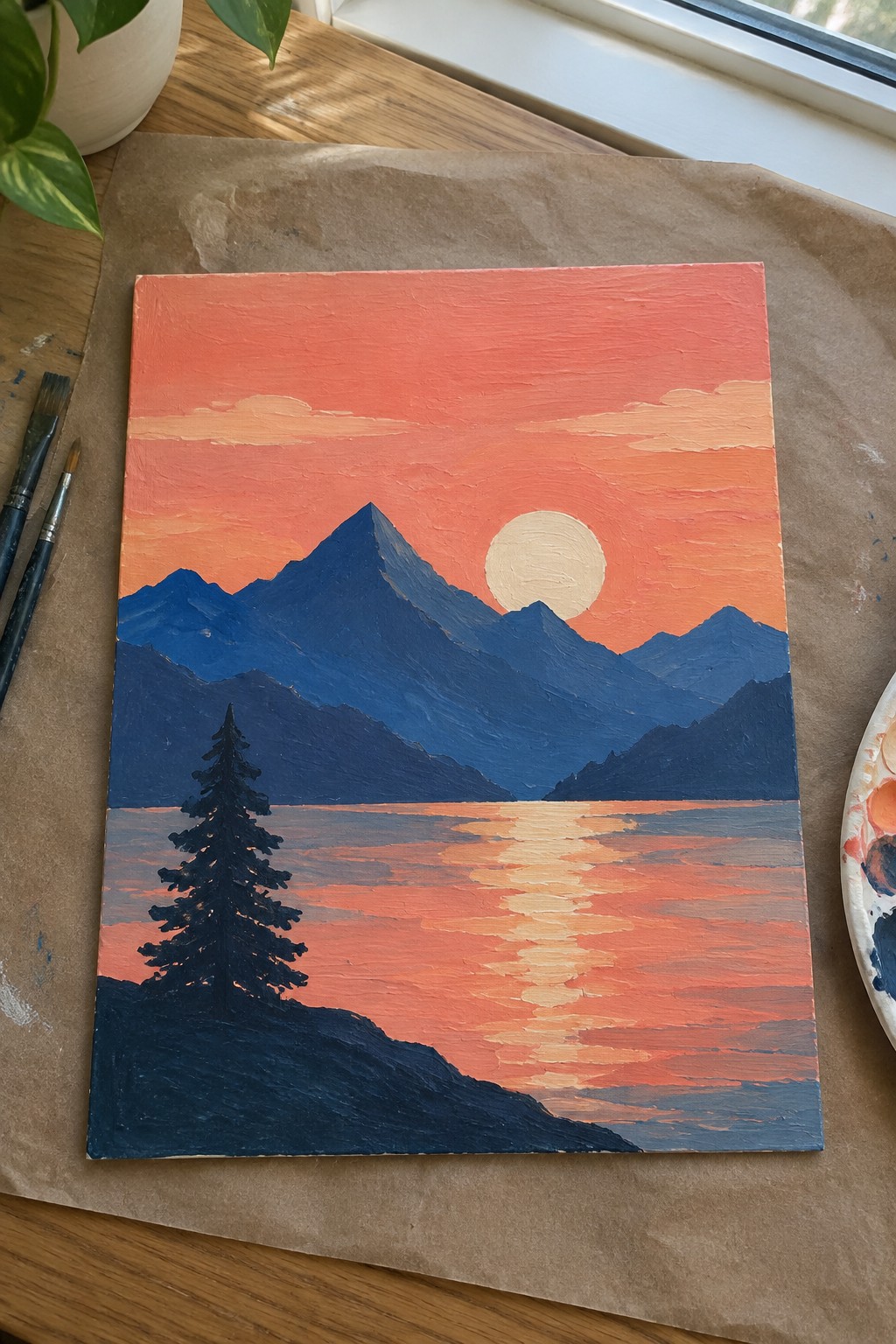 Sunset mountain painting with blue peaks, pink-orange sky, glowing sun, reflective lake, and pine tree