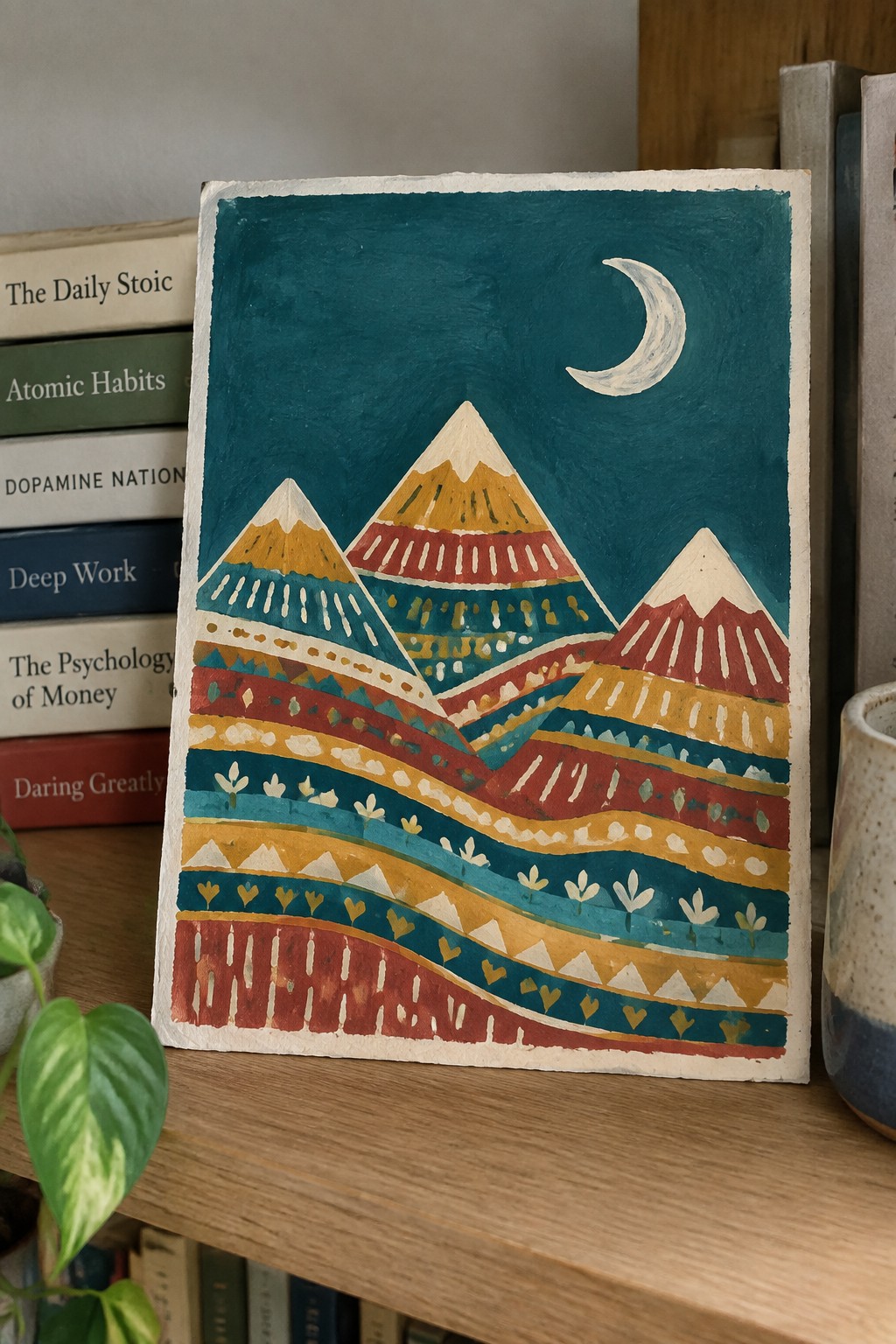 Colorful patterned mountain painting with crescent moon on shelf among books and plant