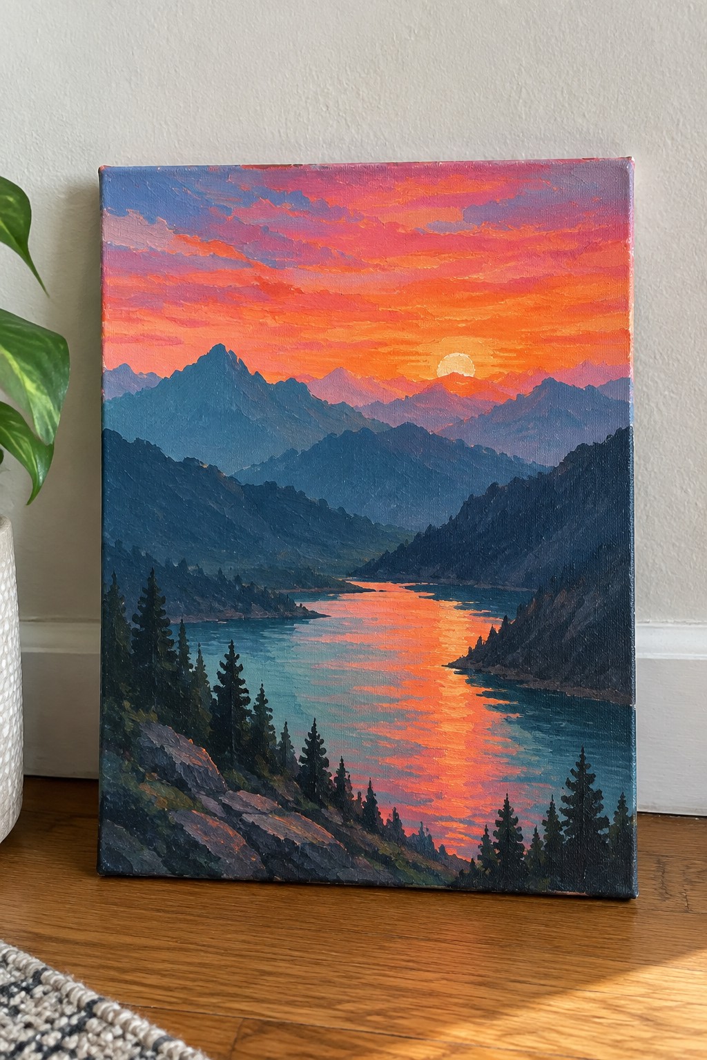 Vibrant sunset painting of mountains reflected in river with pine trees on canvas