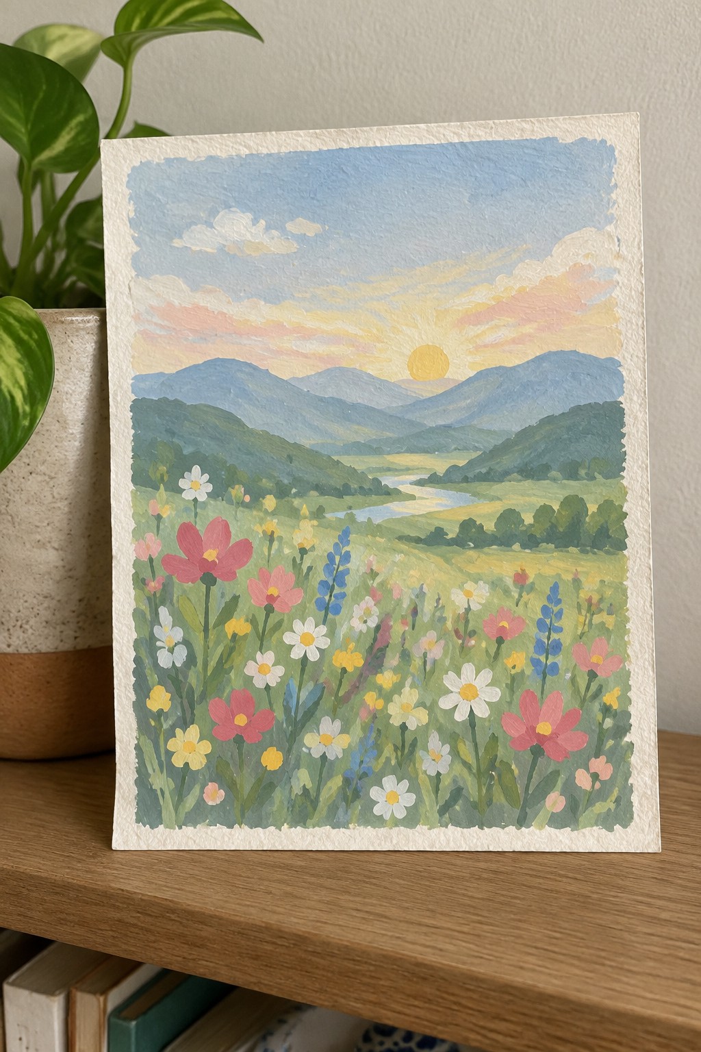 Vibrant wildflower meadow painting with river, mountains, and colorful sunset sky