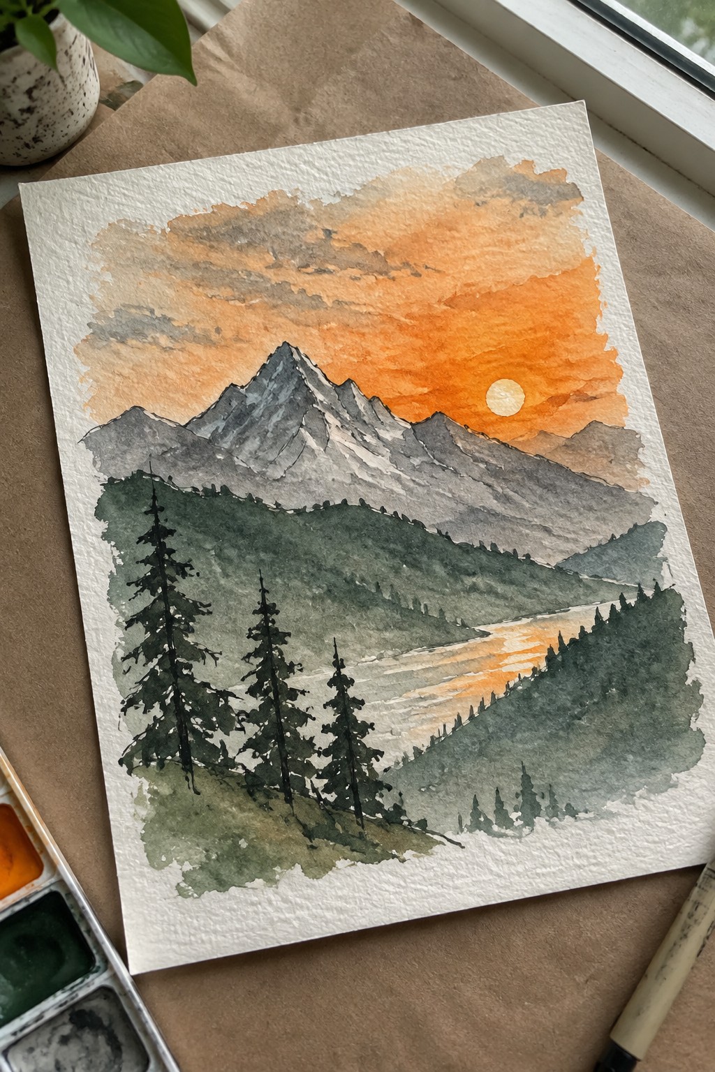 Watercolor painting of sunset over mountains with pine trees and reflective river in orange sky