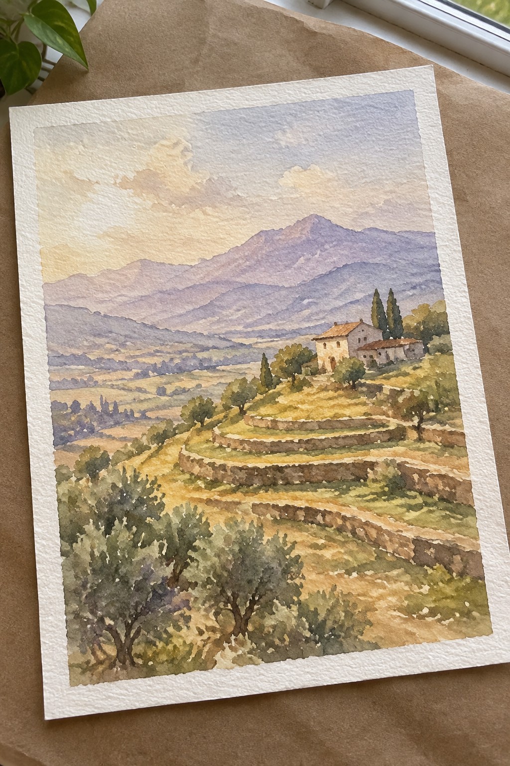 Watercolor of terraced hills, stone farmhouse, cypress trees, and misty purple mountains
