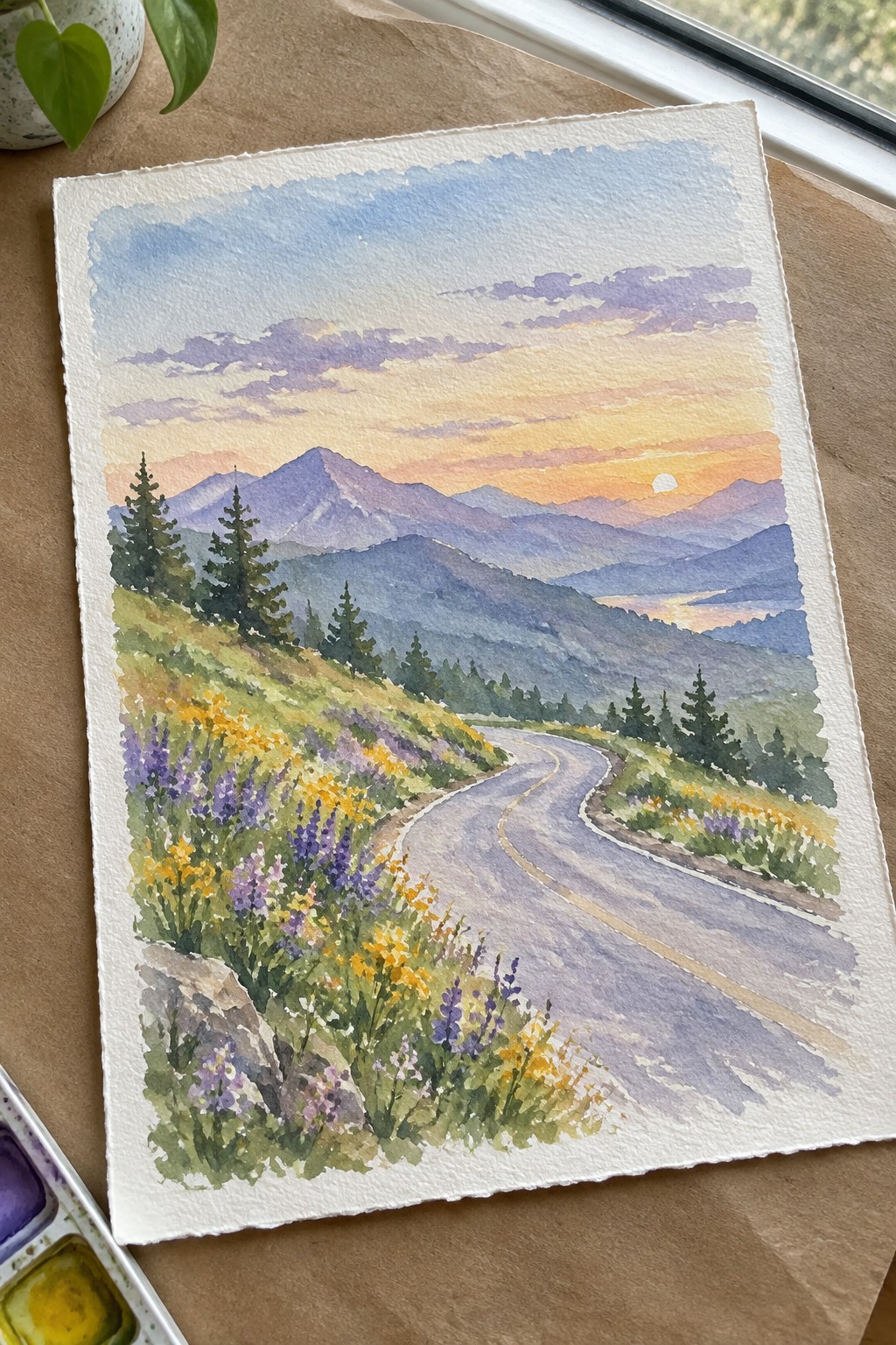 Watercolor of winding road through wildflower hills with layered mountains under sunset sky